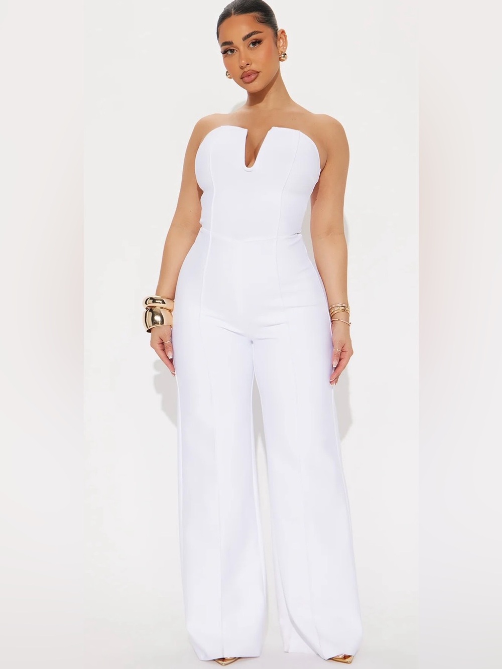 Fashion Nova Strapless White Wide-Leg Jumpsuit with Notched Sweetheart